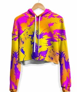 T6 Tropical Ombre Paint Splatter Graffiti Fleece Crop Hoodie