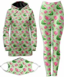 Ready To Ship Watermelon Pattern Hoodie Dress And Leggings With PM 2.5 Face Mask Combo